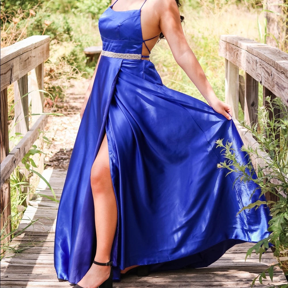 Royal blue satin long prom dress with pockets